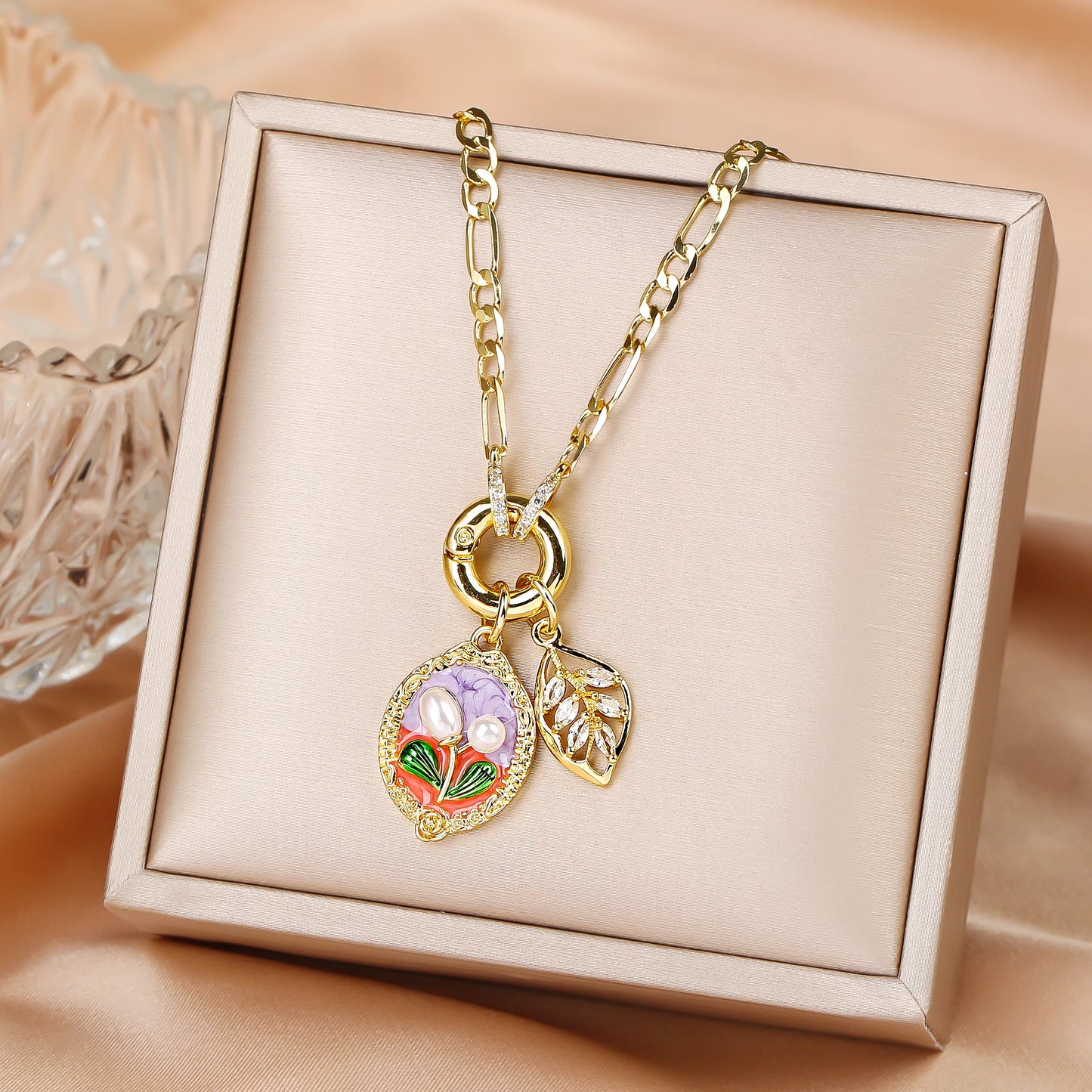 Hot Sale Metal Oil Drop Ocean Series Flower Pearl Leaf Pendant Necklace Charming For Woman Girl Casual Vacation Jewelry Gift