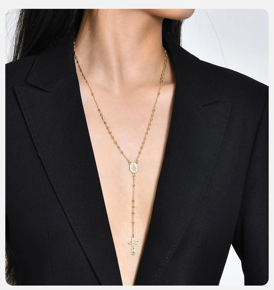 Vnox Virgin Mary Heart Rosary Necklaces for Women Men, Gold Plated Cross Prayer Collar, Long Sweater Chain Necklace