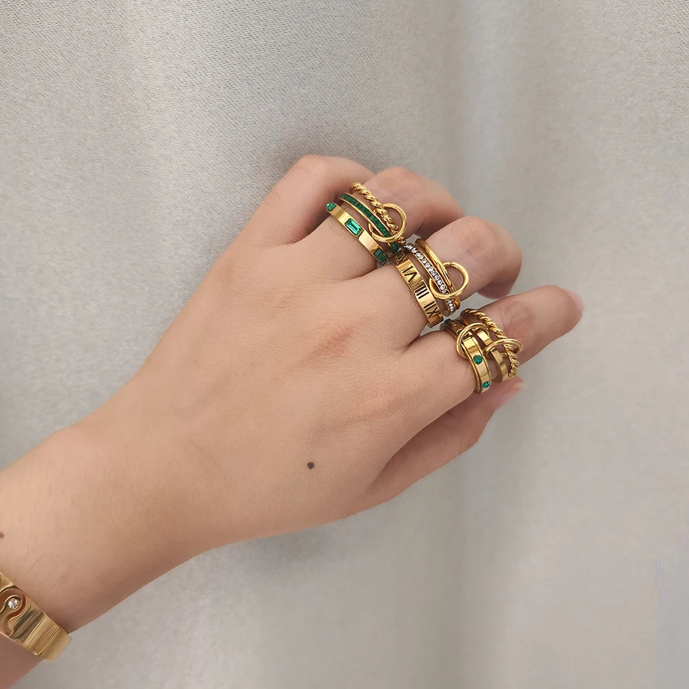 JOVO LOVE Three Layers Roman Numerals Stacking Ring for Women Stainless Steel Our Fingers Chain Shape Variable Crystal Rings