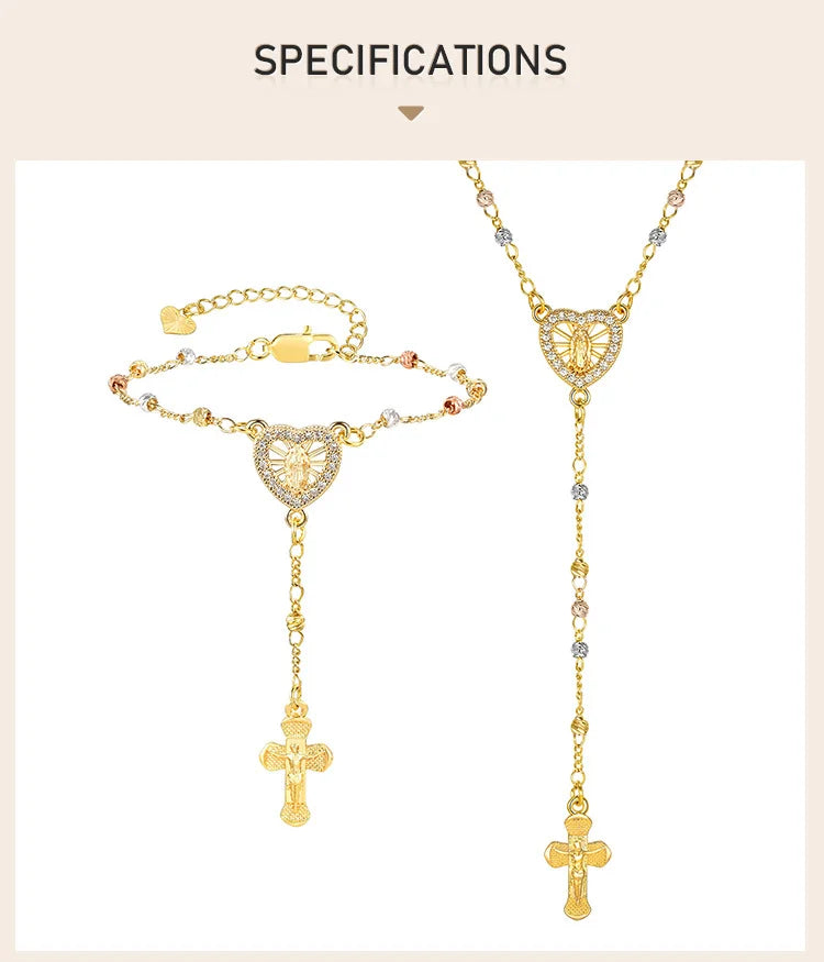 Zirconia Heart Virgin Mary Rosary Bead Cross Necklace for Women, Long Chain Cross Pendant Christian Catholic Religious Jewelry