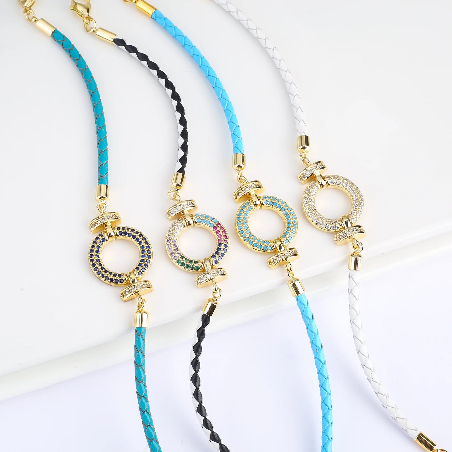 Trendy Colored Round Zirconia Accessory Leather Braided Adjustable Bracelet High Quality Party Holiday Jewelry Gift For Women