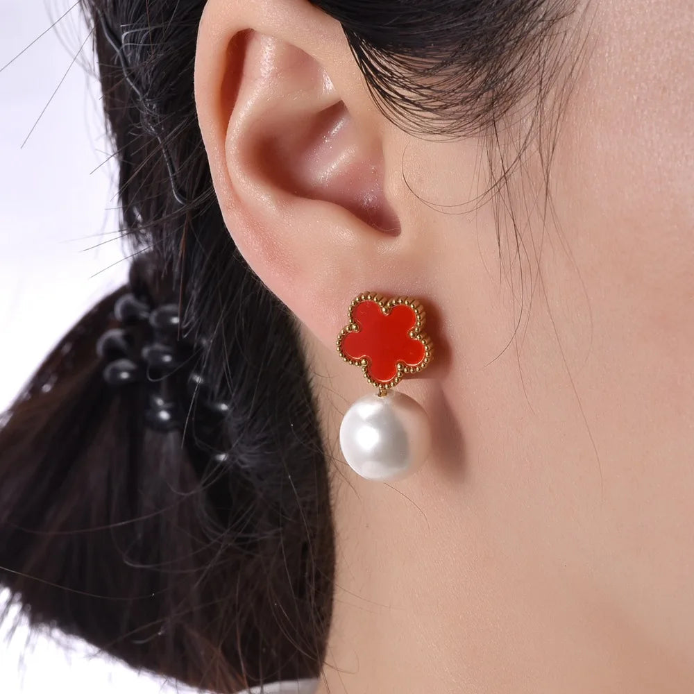 Hot Sale Stainless Steel Five Leaf Flower Pearl Drop Earrings Classic For Woman Clover Jewelry High Quality Party Wedding Gift
