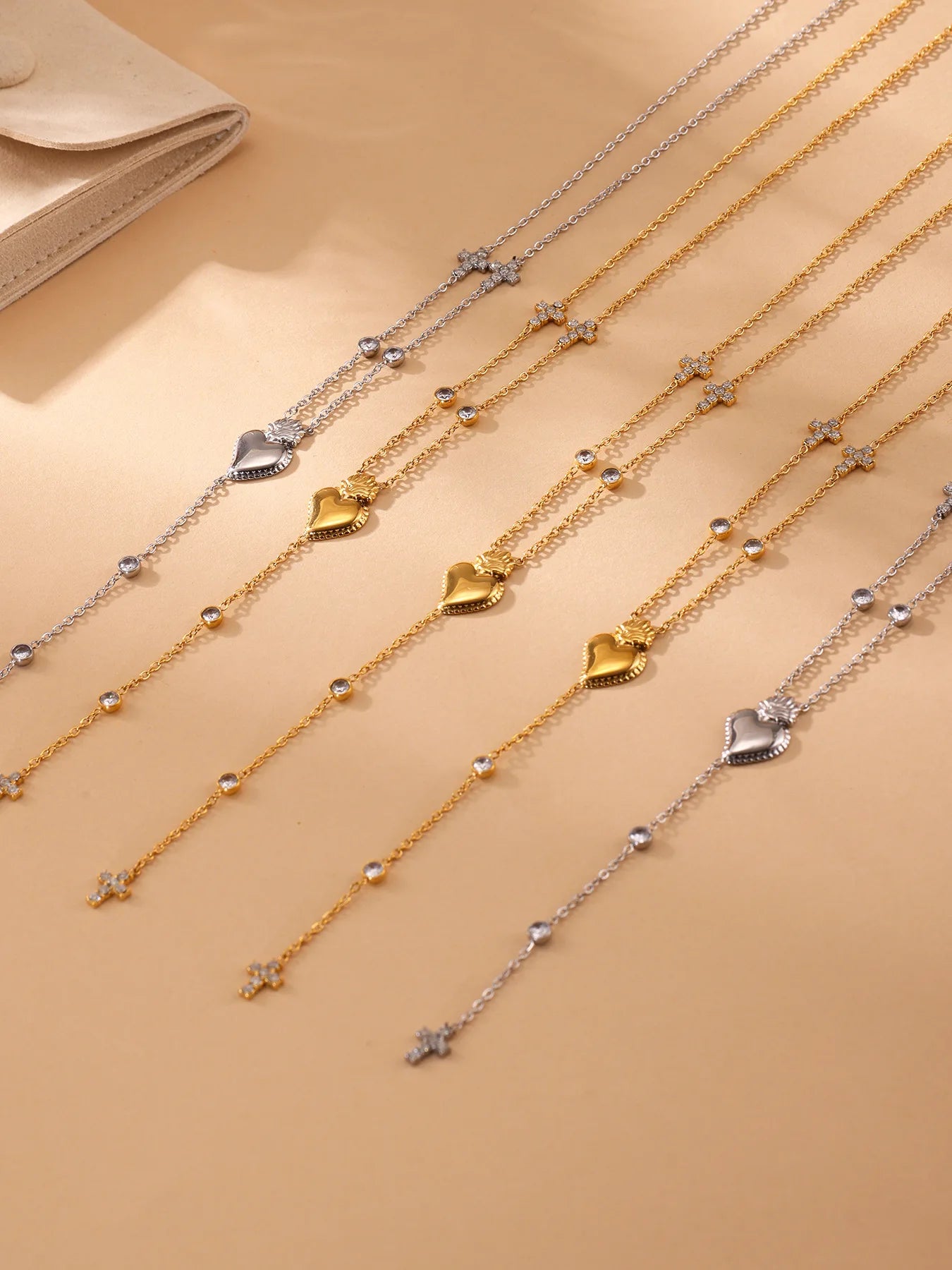 Elegant Stainless Steel Women Necklace Long Cross Pendant Round Zircon Chain Waterproof Luxury Charm Jewelry