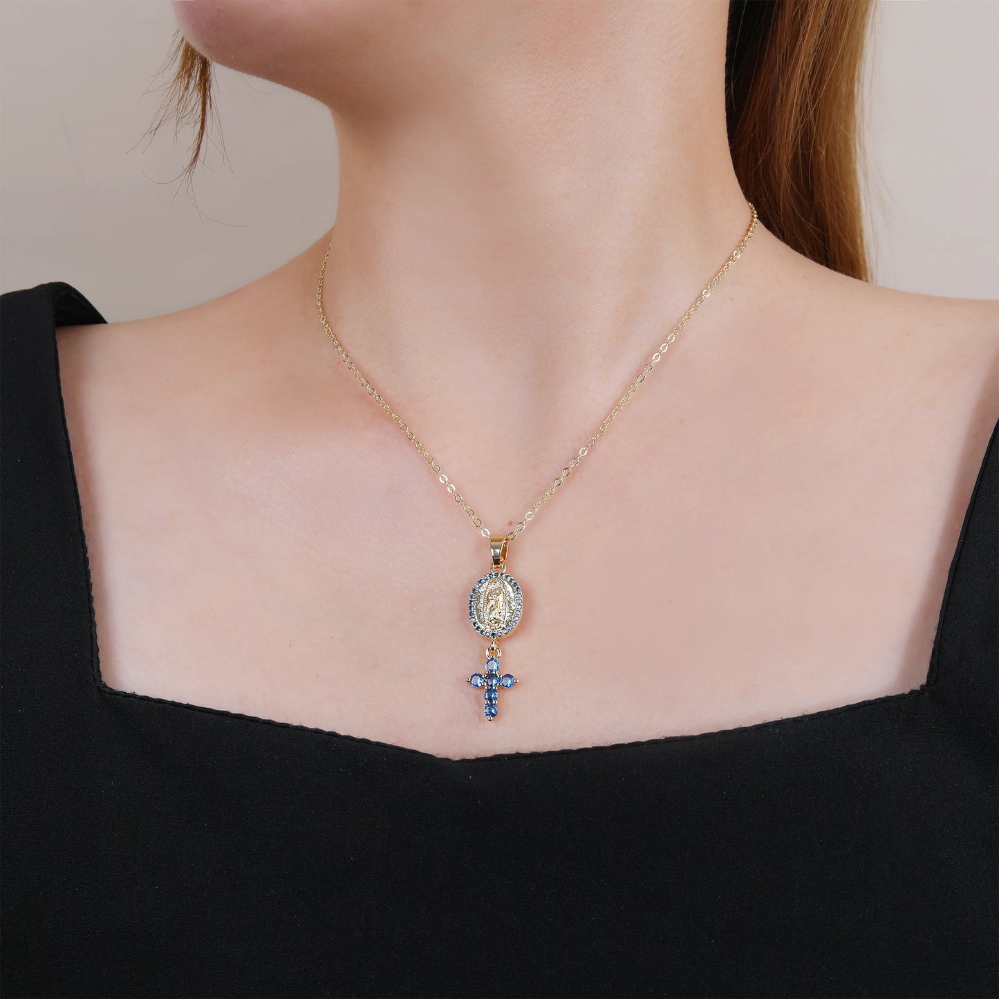 High Quality Bracelet Zirconia Virgin Mary Cross Pendant Necklace Classic for Woman Girl Party Religious Jewelry Accessories