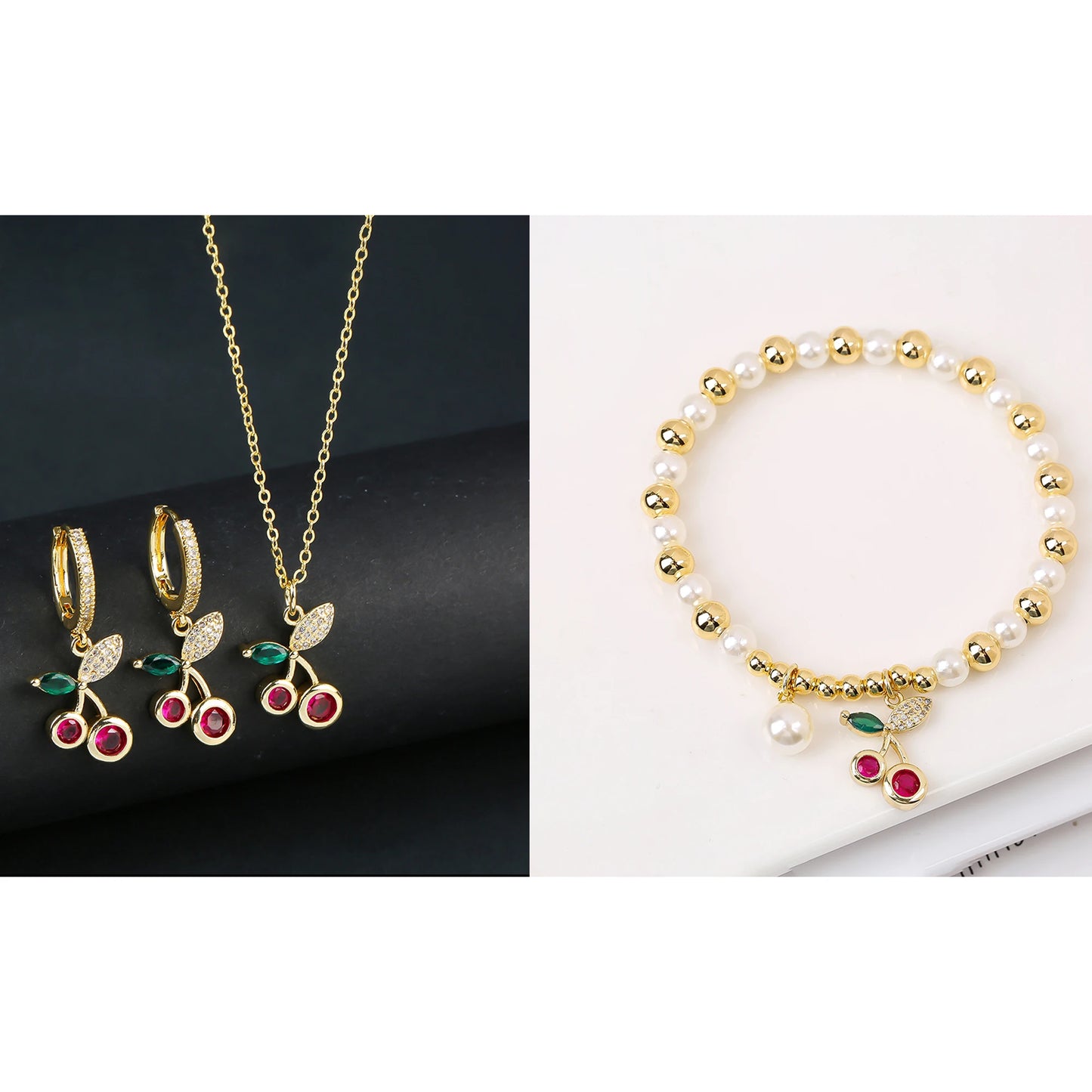 13 Style Choice 3pcs Lucky Red Cherry Crystal Fruit Bracelet Necklace Earrings Jewelry Set Luxury for Women Daily Party Jewelry
