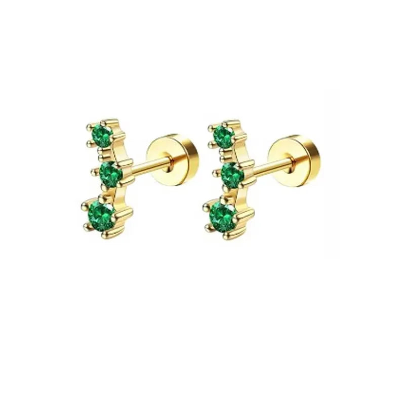 2Pcs Delicate Hypoallergenicity 18K Gold Green Gemstone Flat Back Earrings for Women Girls,Fashion Small Hoop Earrings Jewelry
