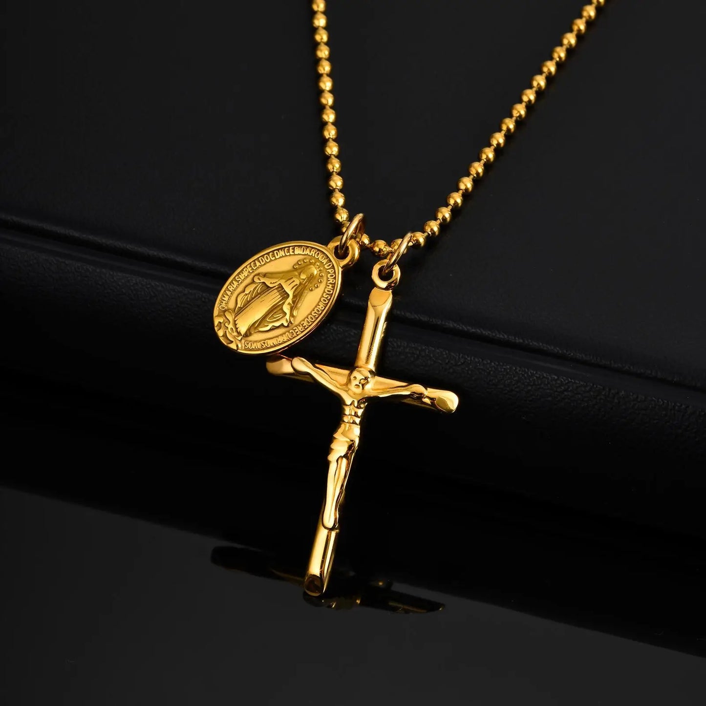 Catholic Cross Necklace for Men Boys,Gold Plated Stainless Steel Virgin Mary Prayer Necklace, Religious Faith Jewelry Gift