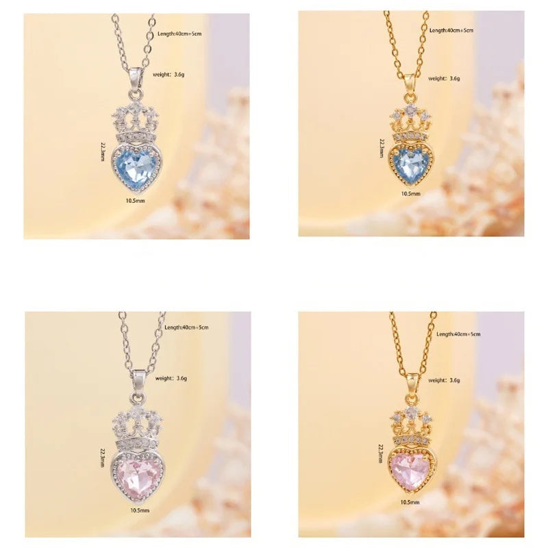 High Grade Crown Heart Zircon Pendant Necklace Stainless Steel Chains Geometric Choker Jewelry Party Gifts For Women Girls