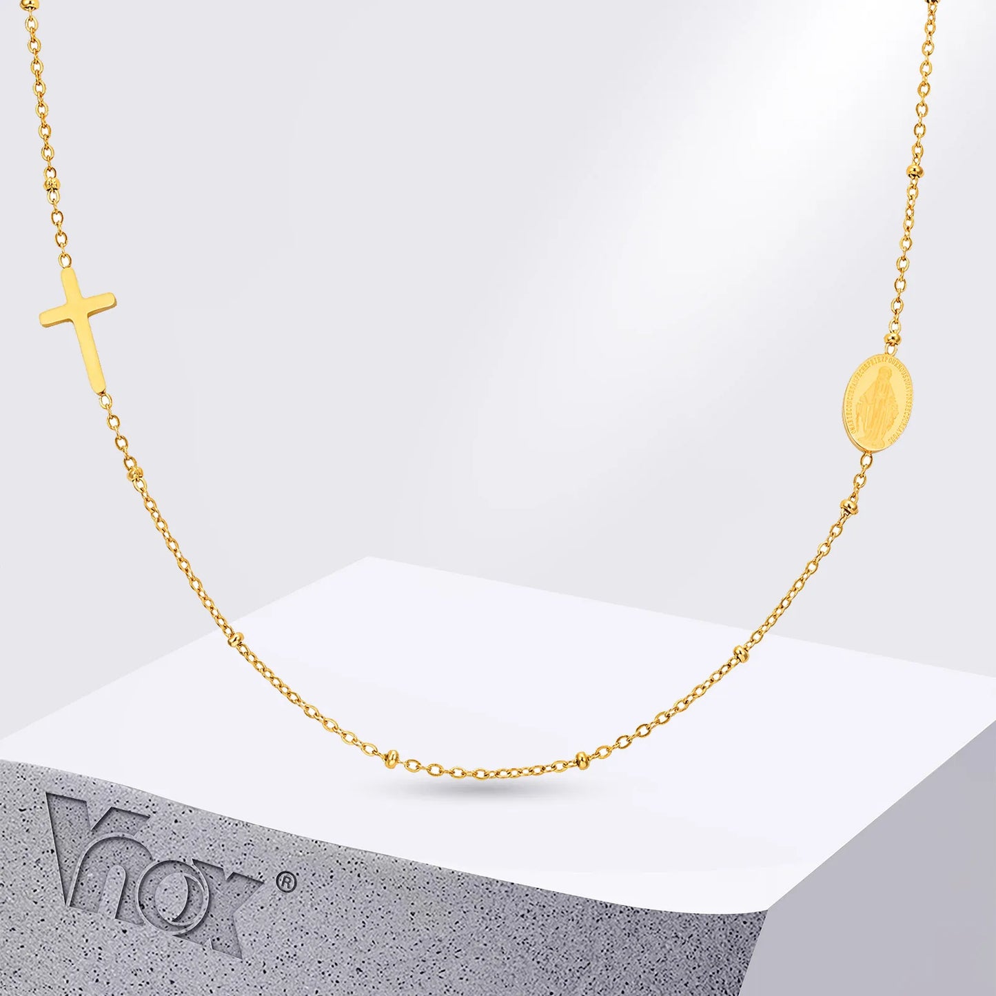 Vnox Dainty Sideway Cross Necklaces, Women's Virgin Mary Charm Collar, Adjustable Stainless Steel Jewelry