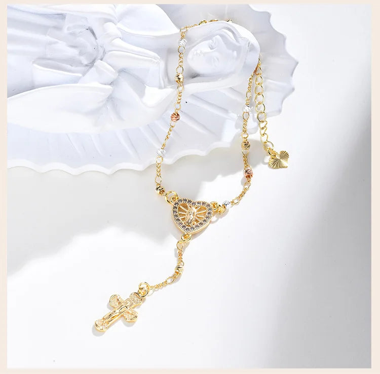 Zirconia Heart Virgin Mary Rosary Bead Cross Necklace for Women, Long Chain Cross Pendant Christian Catholic Religious Jewelry