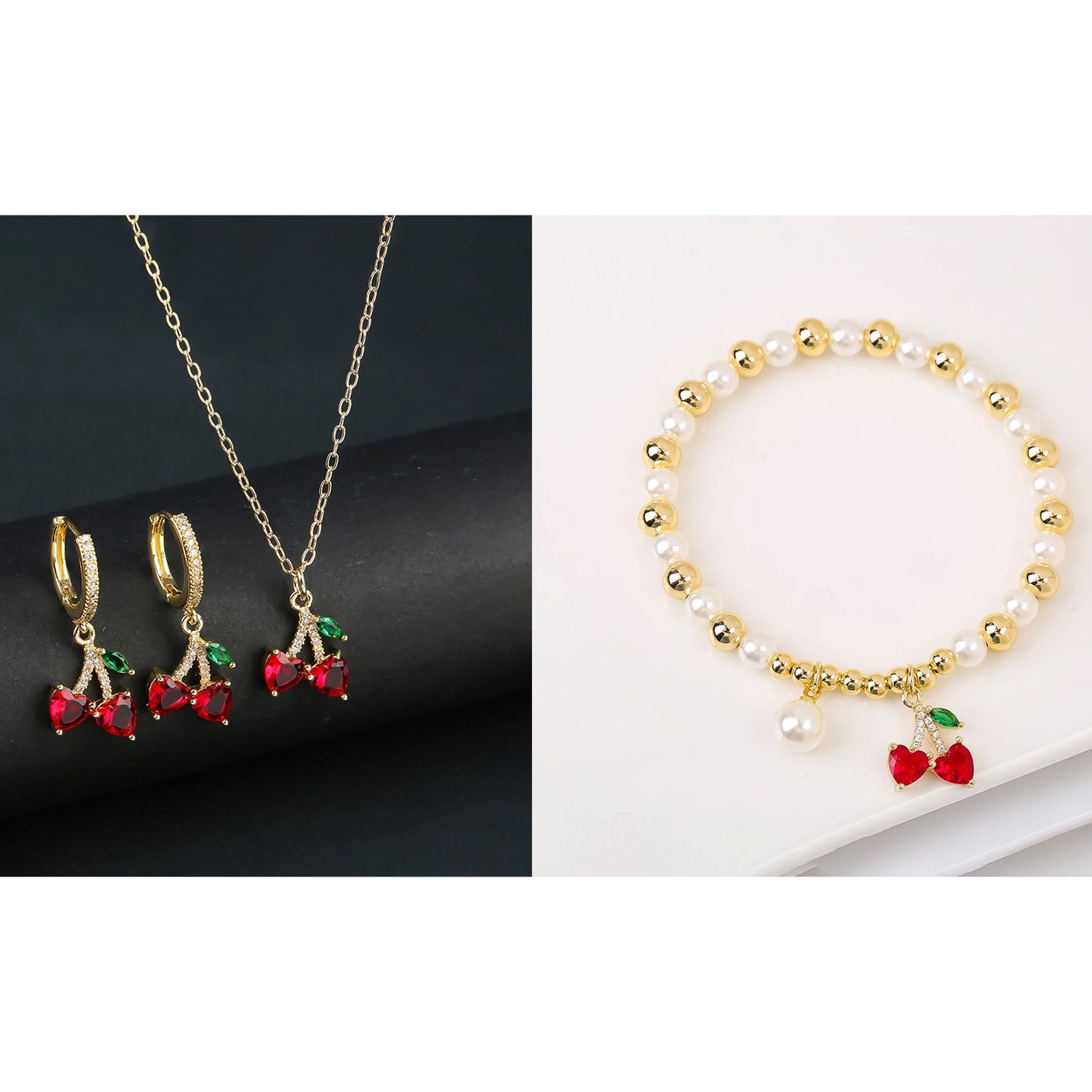 13 Style Choice 3pcs Lucky Red Cherry Crystal Fruit Bracelet Necklace Earrings Jewelry Set Luxury for Women Daily Party Jewelry