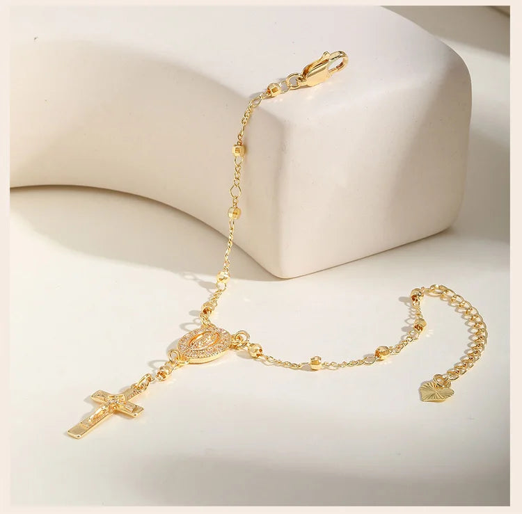 Catholic Cubic Zirconia Rosary Cross Beaded Link Bracelets, Oval Jesus Coss Jewelry, Religion Gold Plated Bracelet