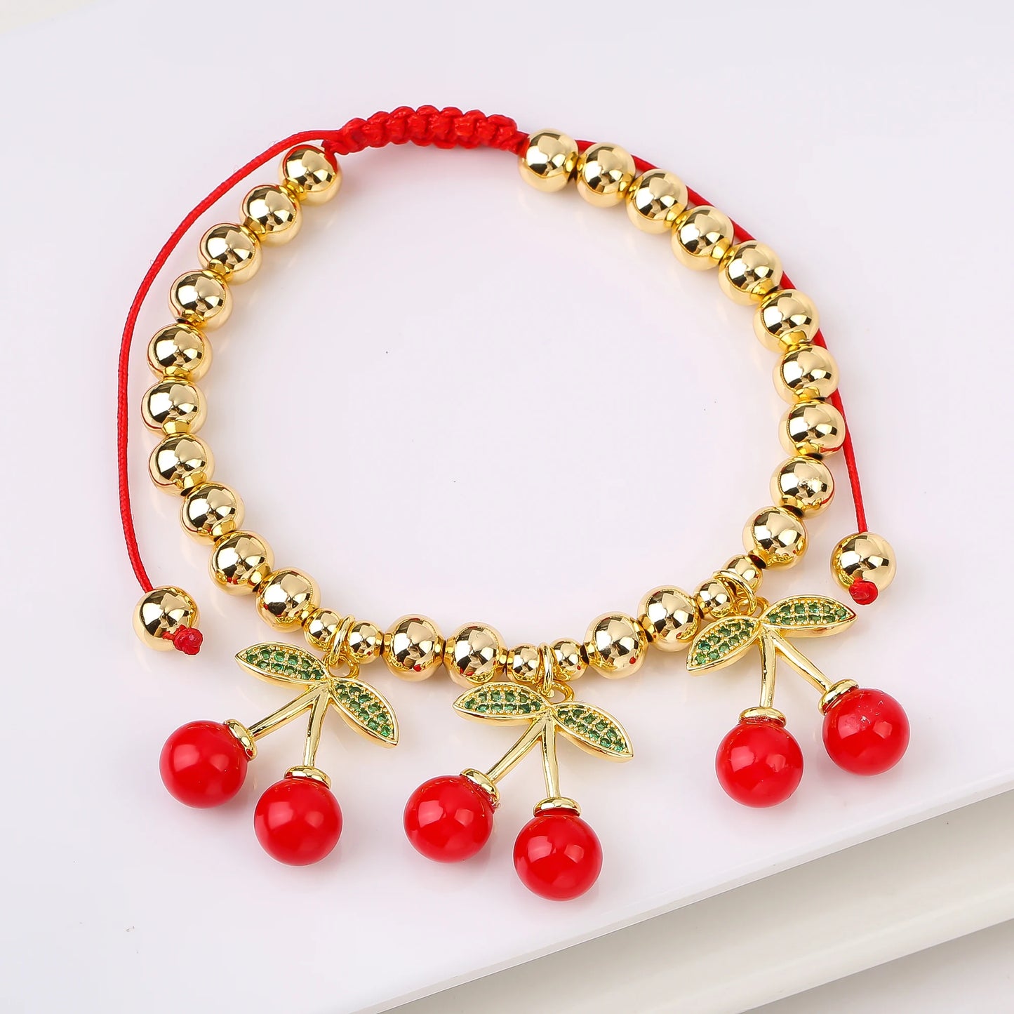 Gold Plated 6mm Copper Bead Chain Braided Fruit Cherry Crystal Adjustable Bracelet New Fashion Woman Girl Daily Wear Jewelry