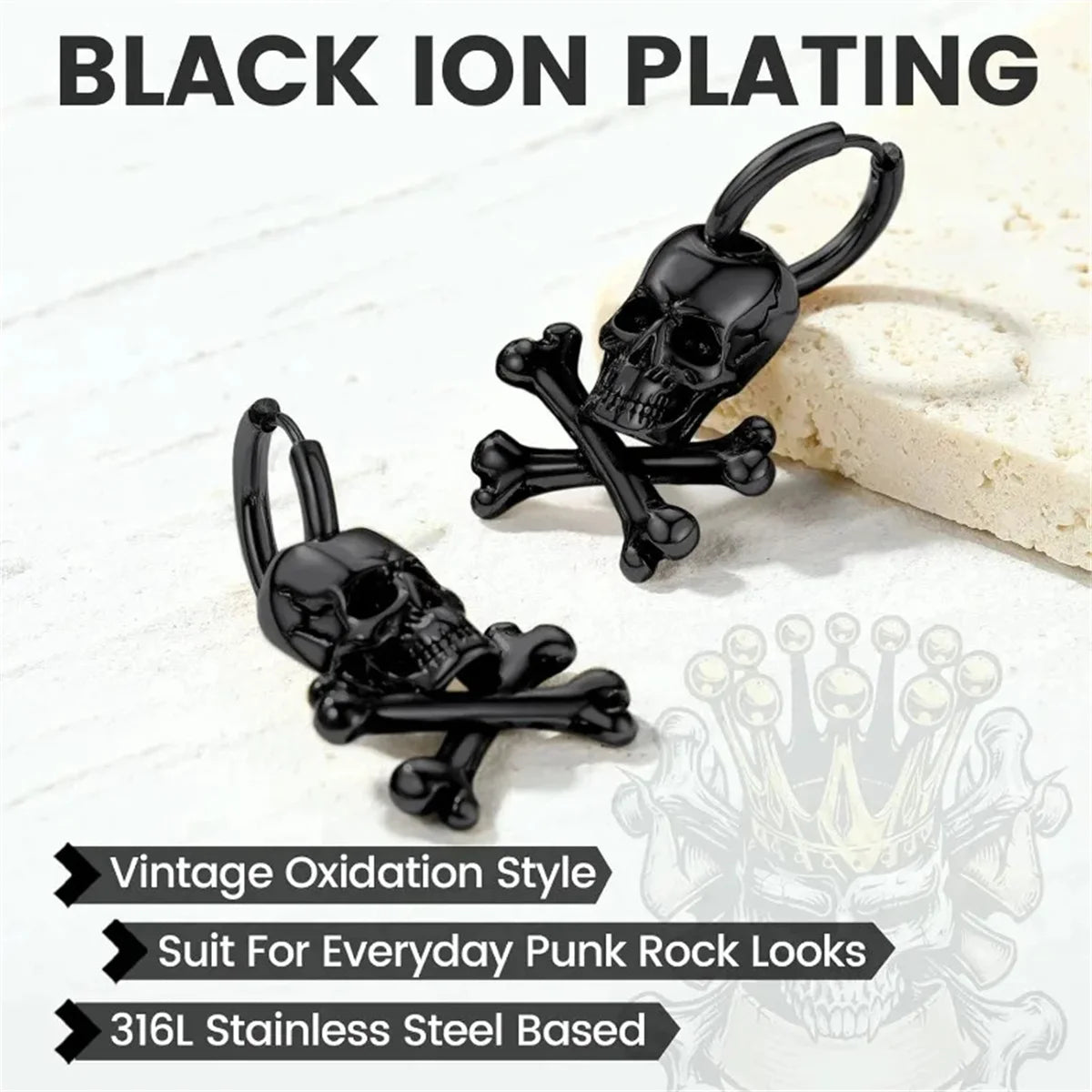 2PCS Hypoallergenic Stainless Steel Vintage Gothic Hollow Three Dimensional Lifelike Skeleton Dangle Huggie Hoop Skull Earrings