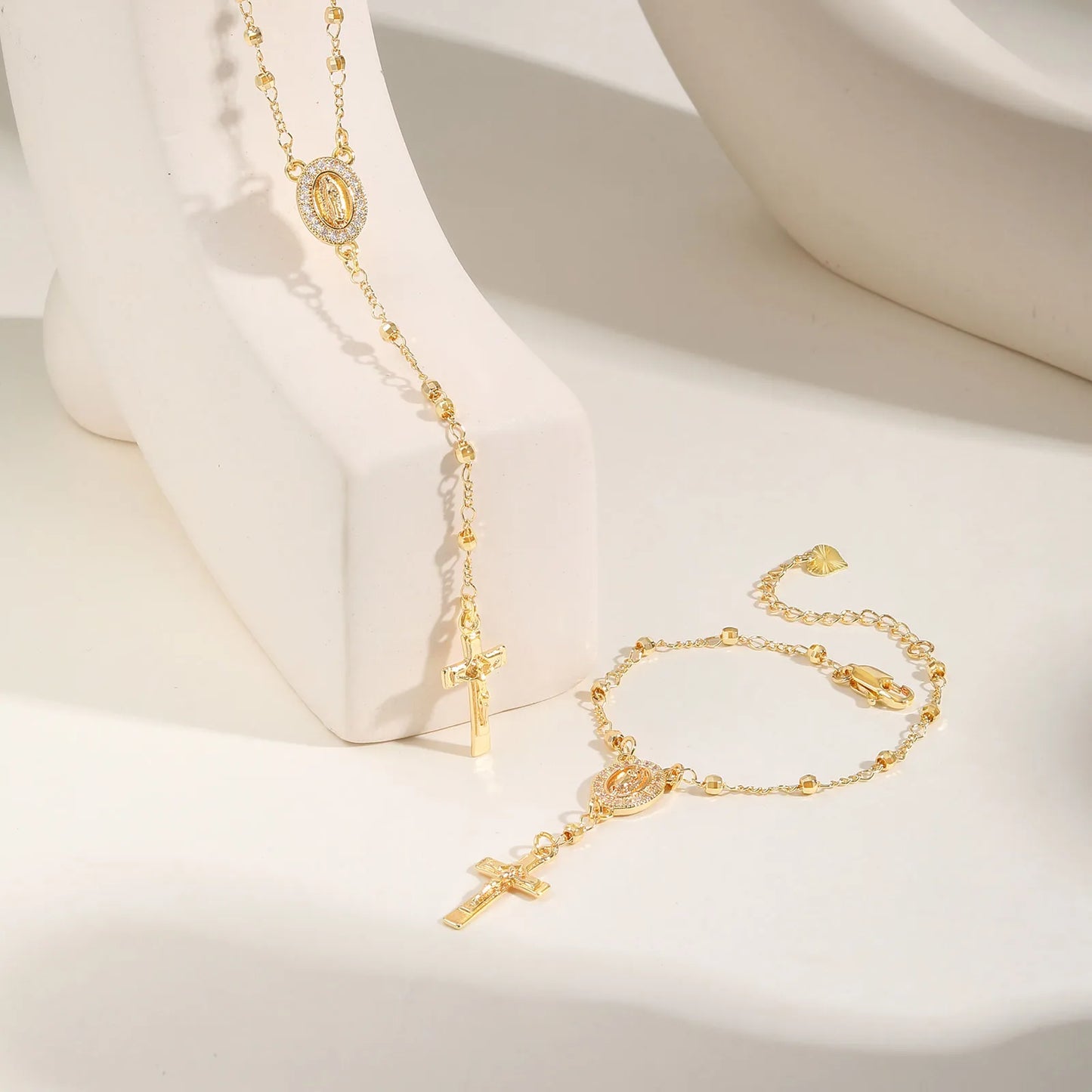 Vnox Virgin Mary Bracelets Necklaces For Women Men,Delicate Jesus Cross Pendent,Christian Catholic Hand Neck Jewelry Set Gifts