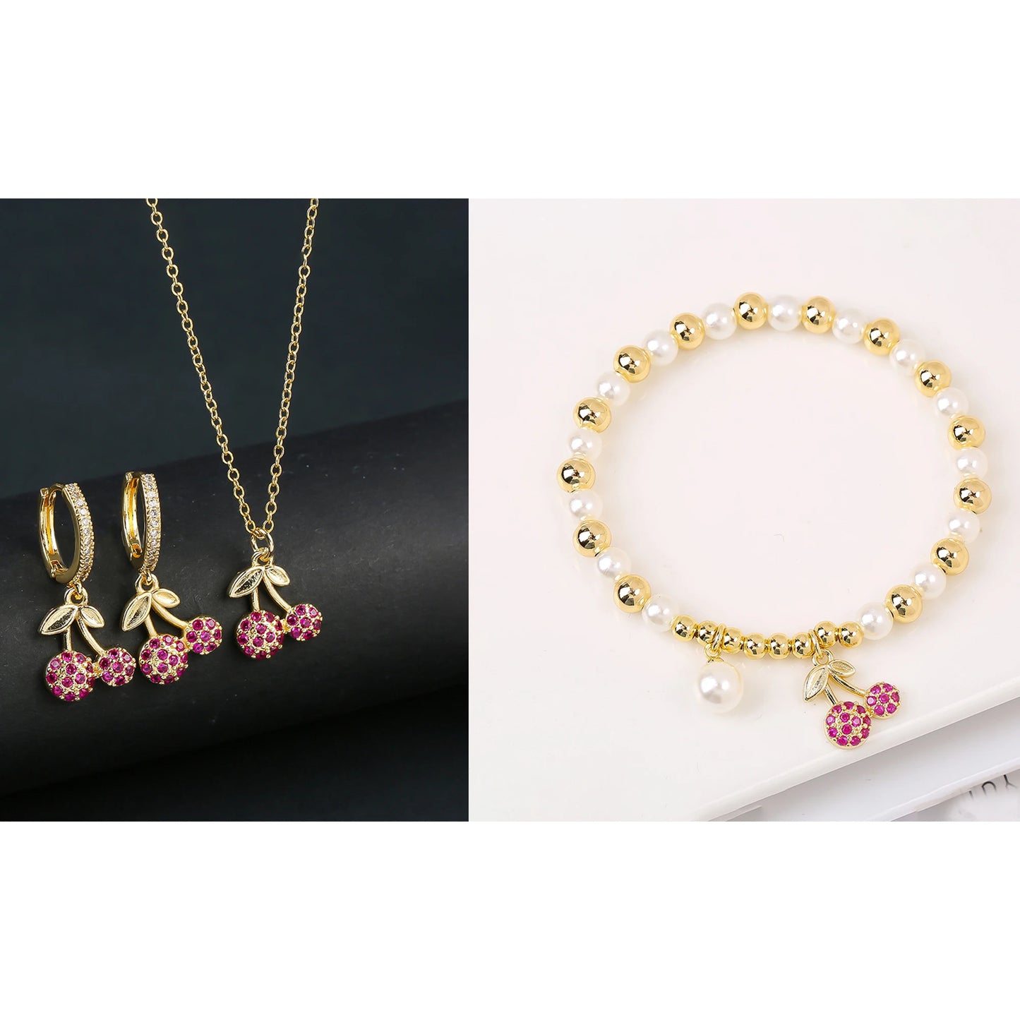 13 Style Choice 3pcs Lucky Red Cherry Crystal Fruit Bracelet Necklace Earrings Jewelry Set Luxury for Women Daily Party Jewelry