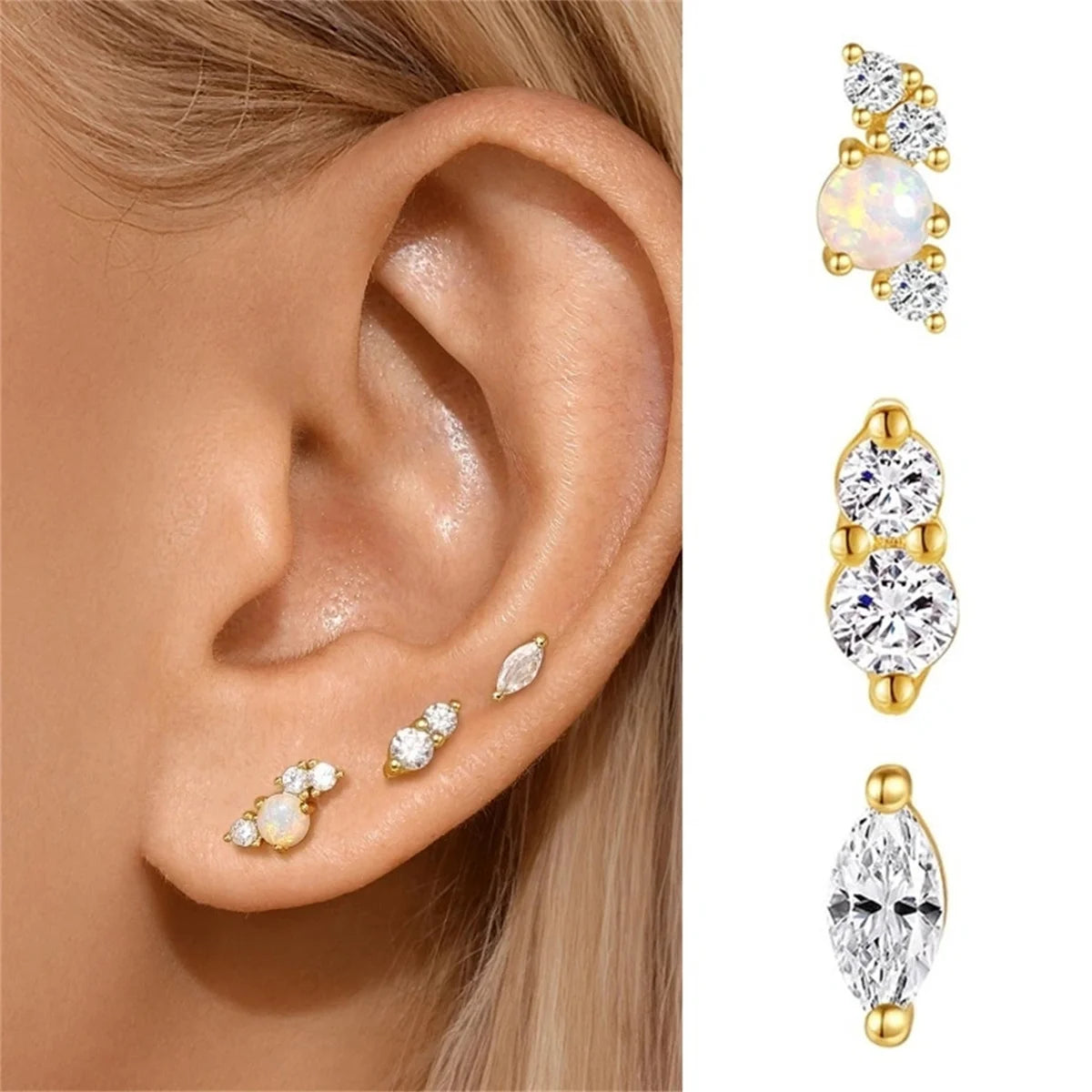 2/6Pcs 20G 18K Golden Plated Tiny Cubic Zerconia Opal Flat Back Stud Ear,Hypoallergenic Cartilage Tragus Helix Earring