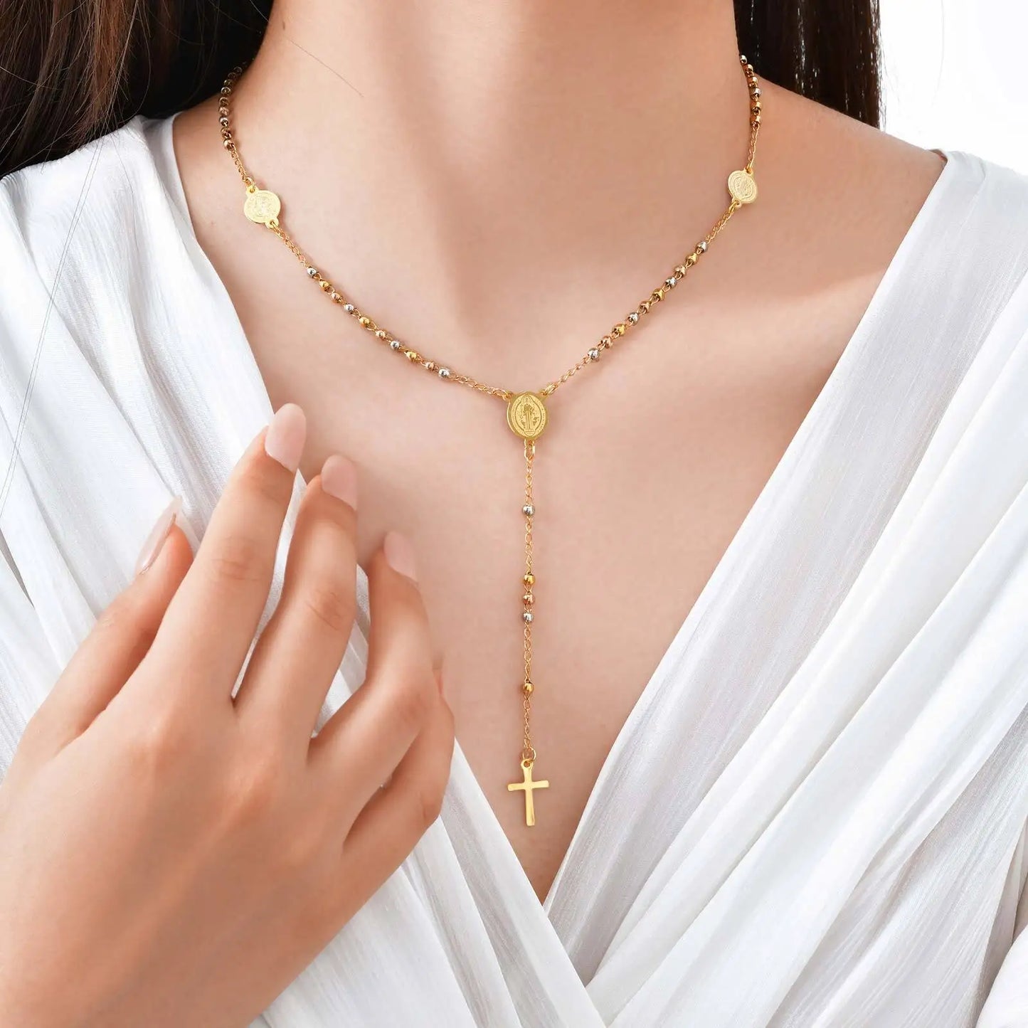 Stainless Steel St. Benedict's Rosary Necklace, Christian Cross Crucifix Pendant, Religious Necklace for Women, Catholic Jewelry