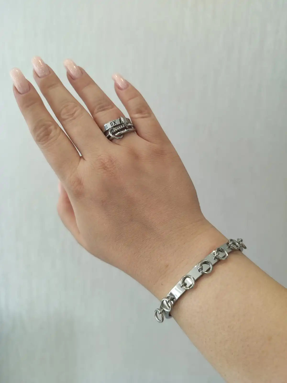 JOVO LOVE Three Layers Roman Numerals Stacking Ring for Women Stainless Steel Our Fingers Chain Shape Variable Crystal Rings