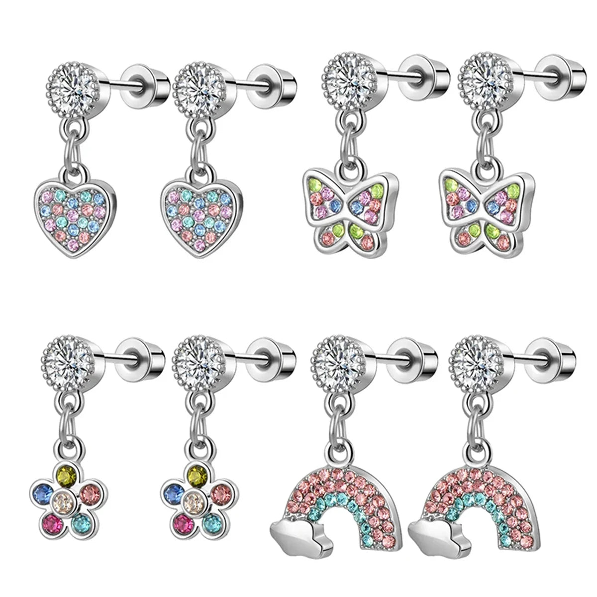 2/8pcs Hypoallergenic Heart Flower Dangle Screw Back Earrings,Flat Back Ear Studs Butterfly Cartilage Tragus Piercing Jewelry