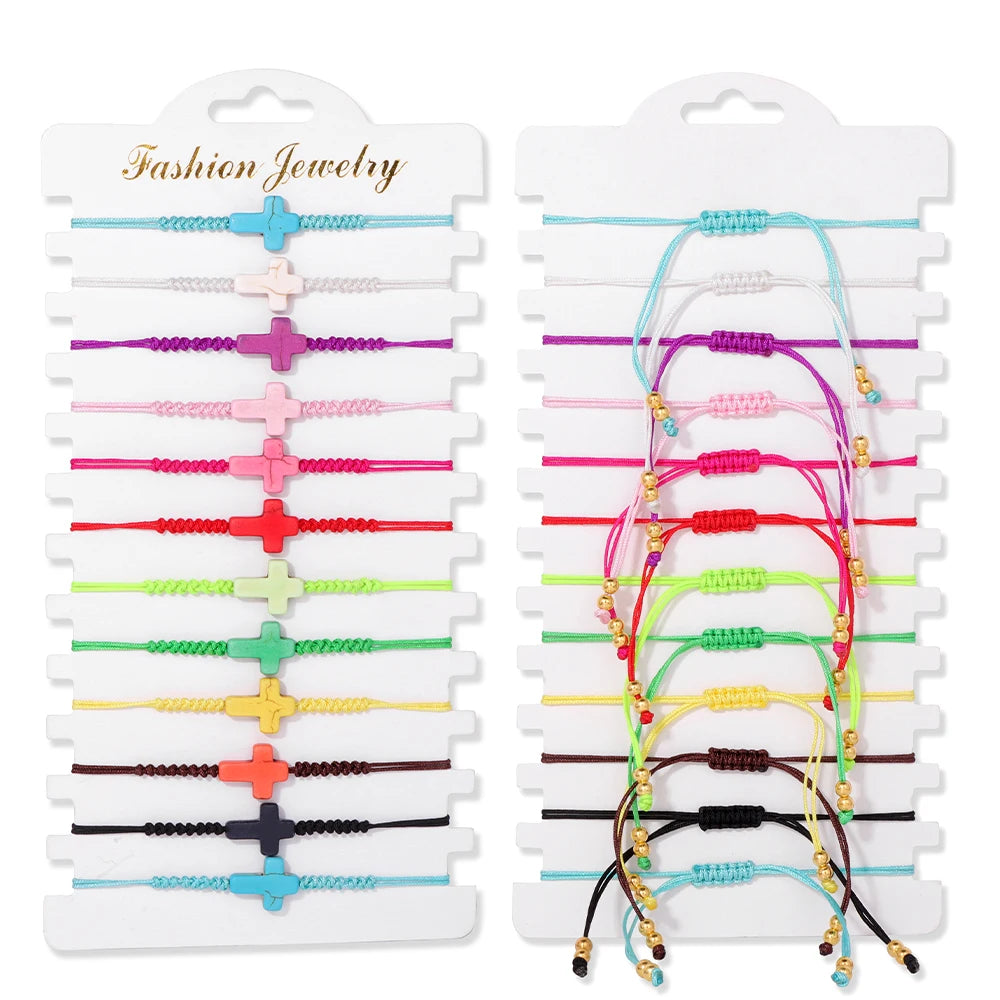 Wholesale 12Pcs/Set Colorful Natural Stone Bracelets Adjustable Rope Braided Bracelet Handmade Bohemia Bracelets with Cards
