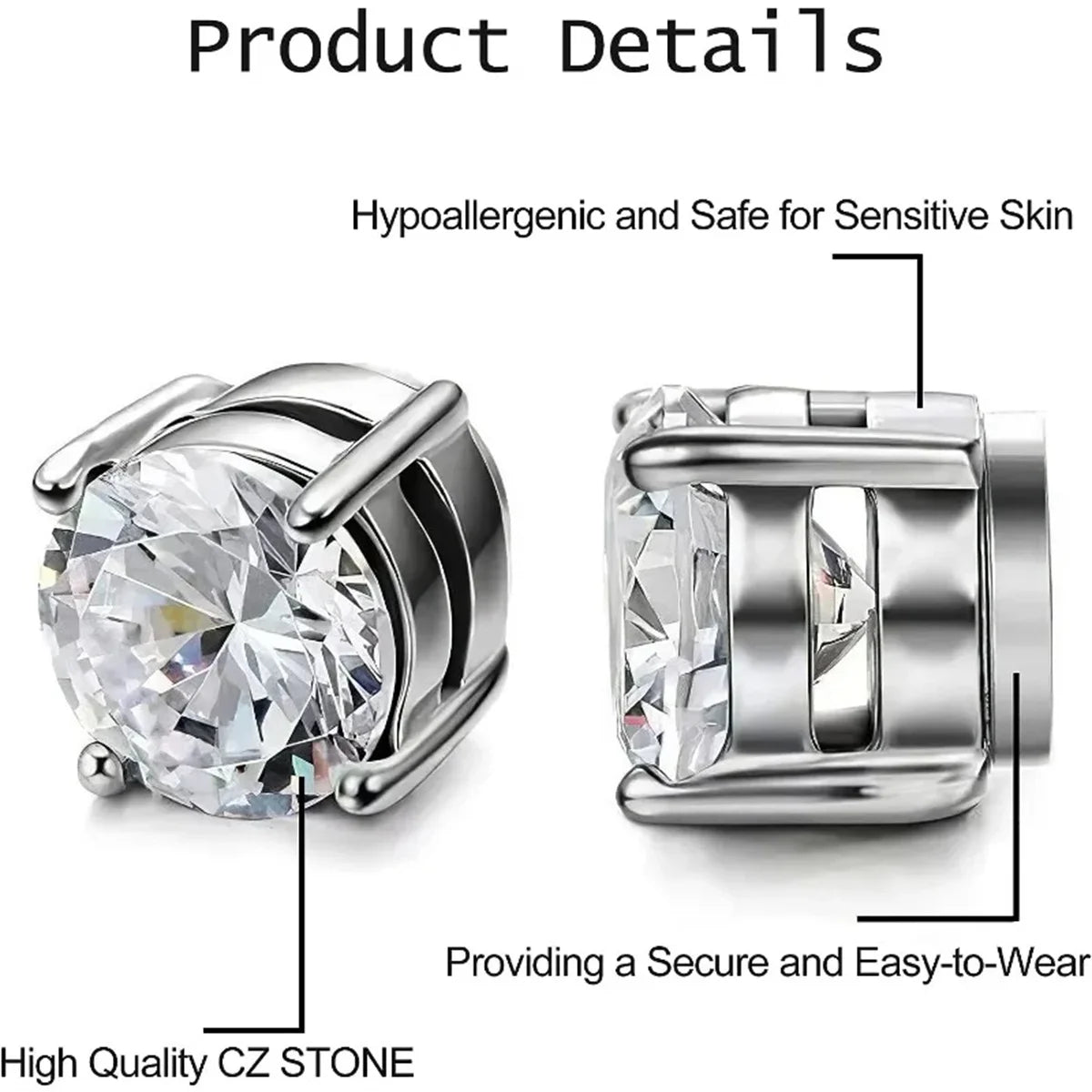 8/12pcs Fashion 316 Stainless Steel Ear Cip On Earrings,Hole Free Magnetic Ear Cuff Zircon False Earring Set Suitable Daily Wear