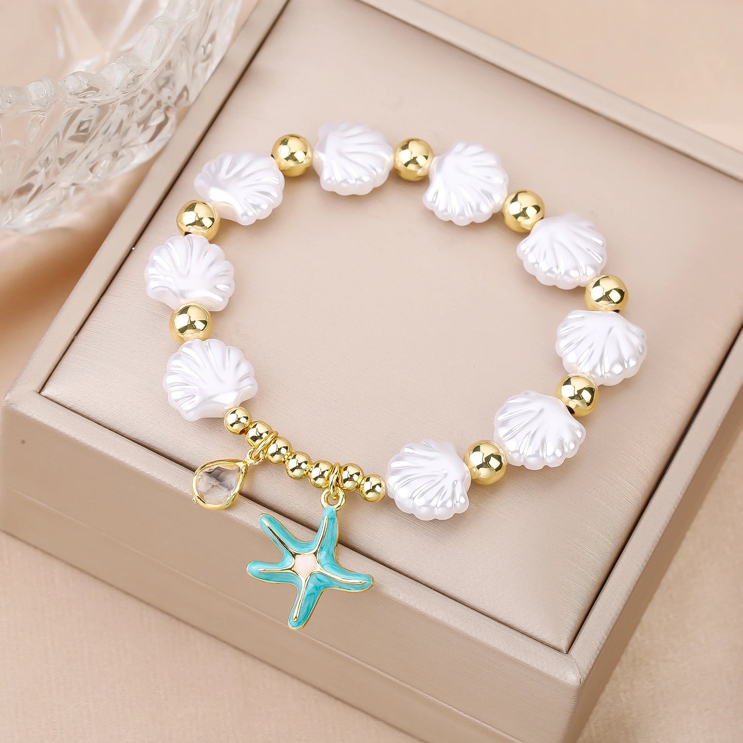 Hot Sale White Shell Woven Starfish Pendant Gold Plated Copper Bead Bracelet Luxury for Woman Girl New Trend Party Jewelry