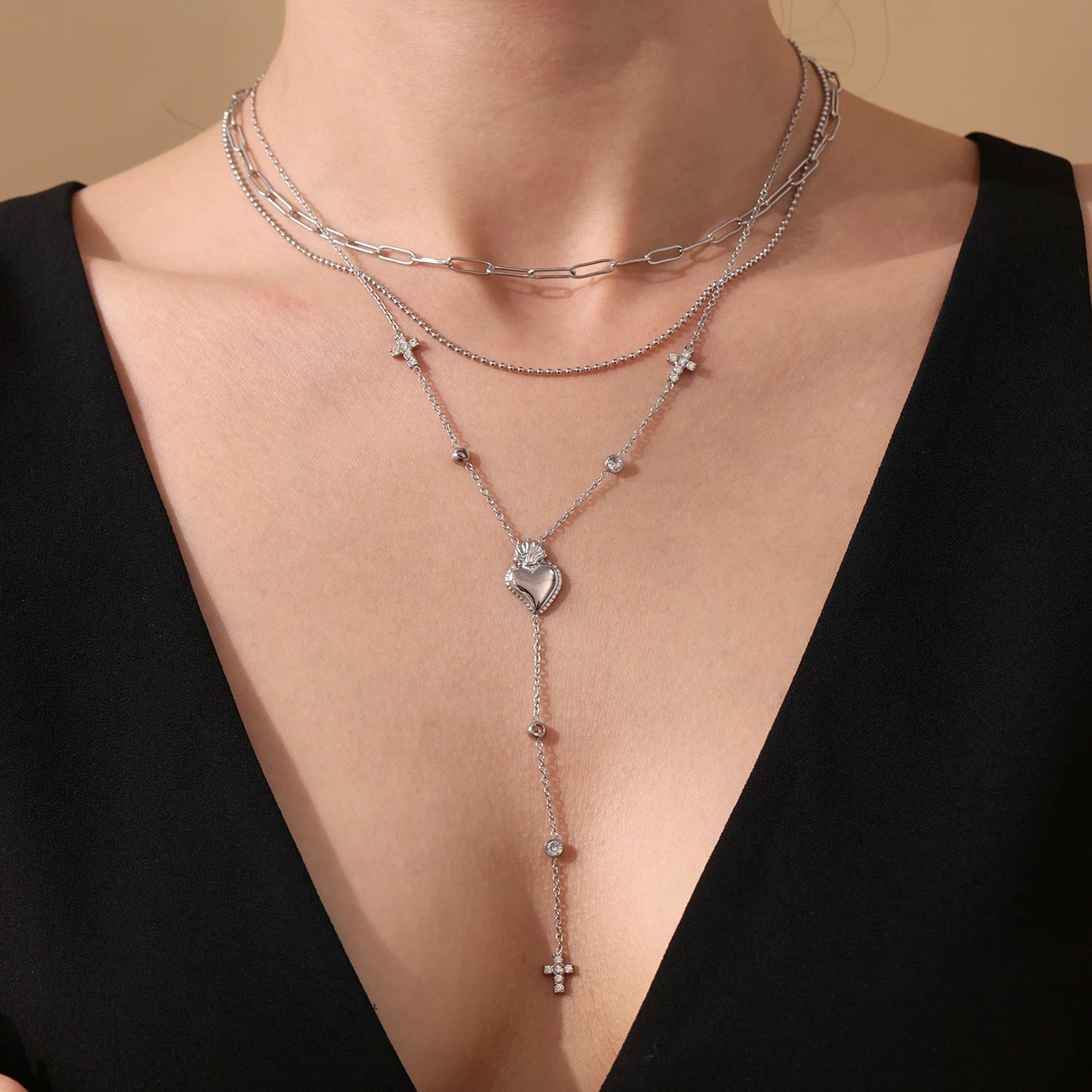Elegant Stainless Steel Women Necklace Long Cross Pendant Round Zircon Chain Waterproof Luxury Charm Jewelry