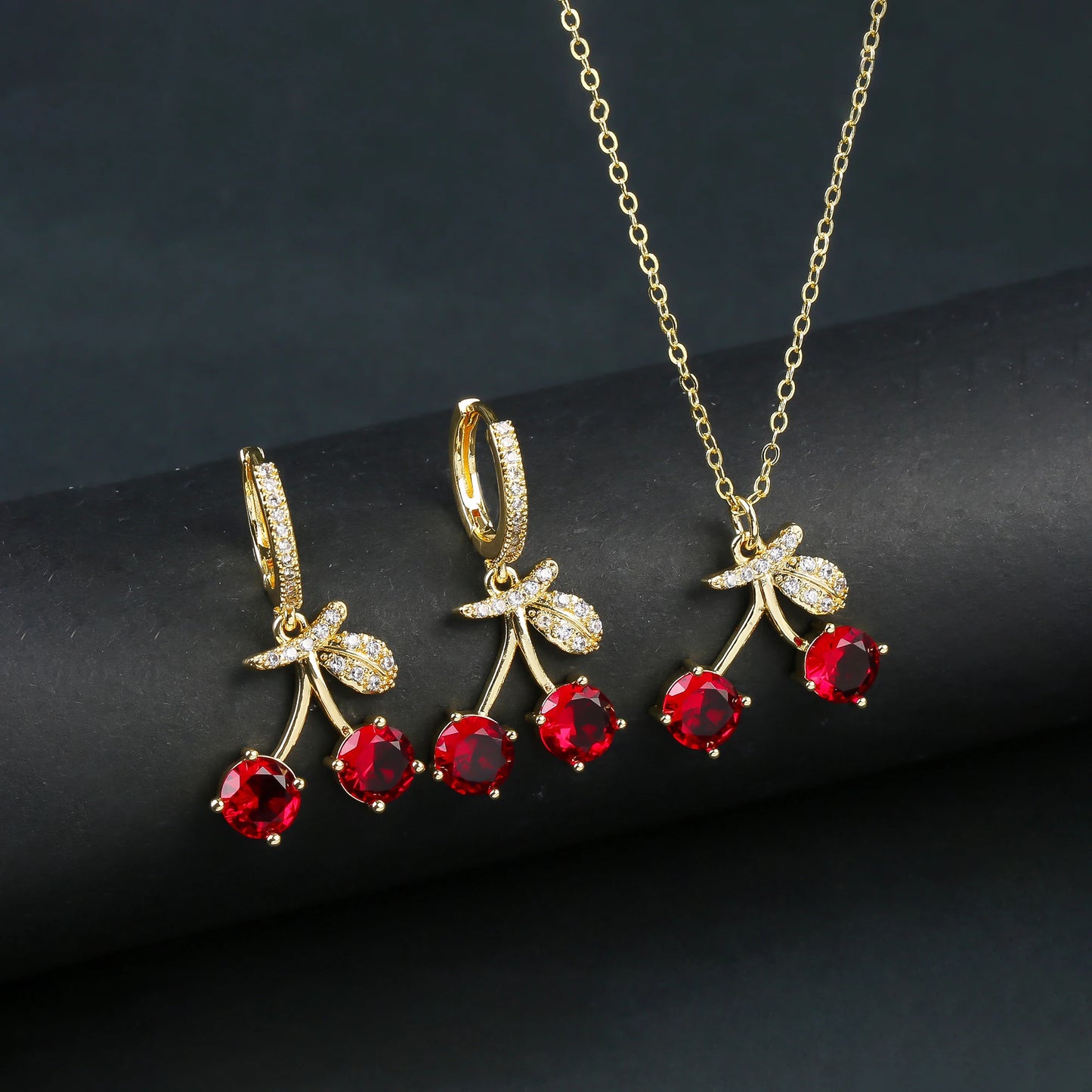 Light Luxury Crystal Zirconia Red Cherry Jewelry Set Earrings Necklace for Women Girls Sweet Jewelry Accessories Party Gifts