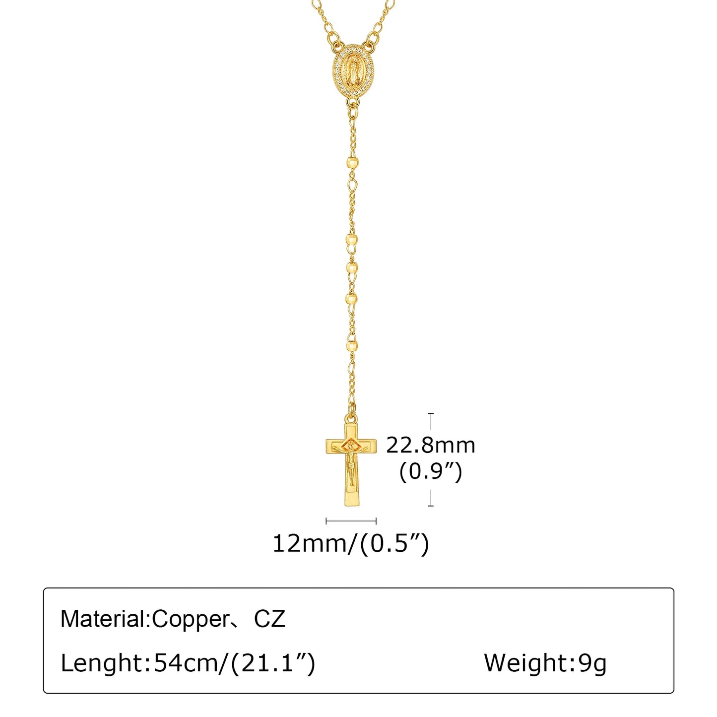 Zirconia Heart Virgin Mary Rosary Bead Cross Necklace for Women, Long Chain Cross Pendant Christian Catholic Religious Jewelry