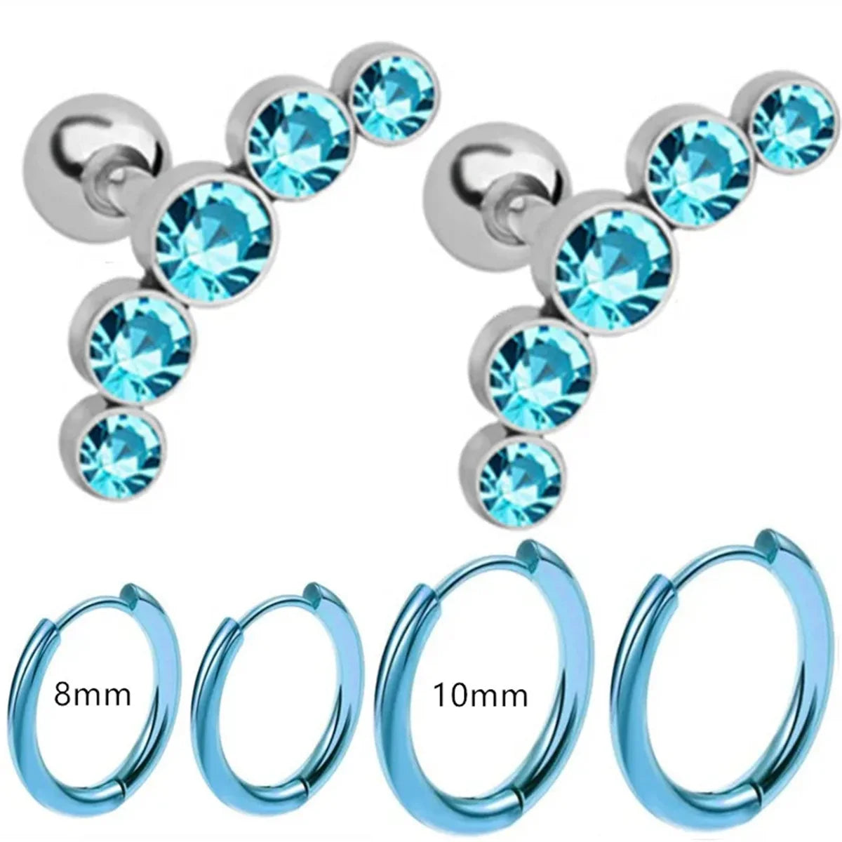 6pcs Fashion Novelty Stainless Steel Cyrstal Tragus Stud Earrings Set,Helix Cartilage Huggie Hoops Circle Ear Piercing Jewelry