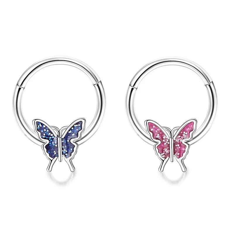 2Pcs 16G Stainless Steel Butterfly Hinged Septum Nose Ring Hoops,BCR Horseshoe Cartilage Daith Helix Rook Conch Piercing Jewelry