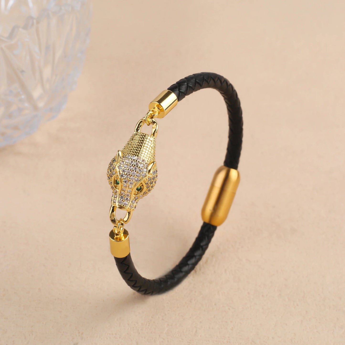 Bully Animal Style Leopard Head Braided Leather Rope Bracelet Fashion for Man Woman Stainless Steel Zirconia Jewelry Daily Wear