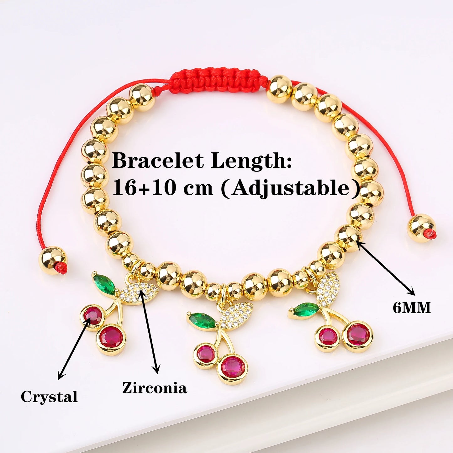 Gold Plated 6mm Copper Bead Chain Braided Fruit Cherry Crystal Adjustable Bracelet New Fashion Woman Girl Daily Wear Jewelry