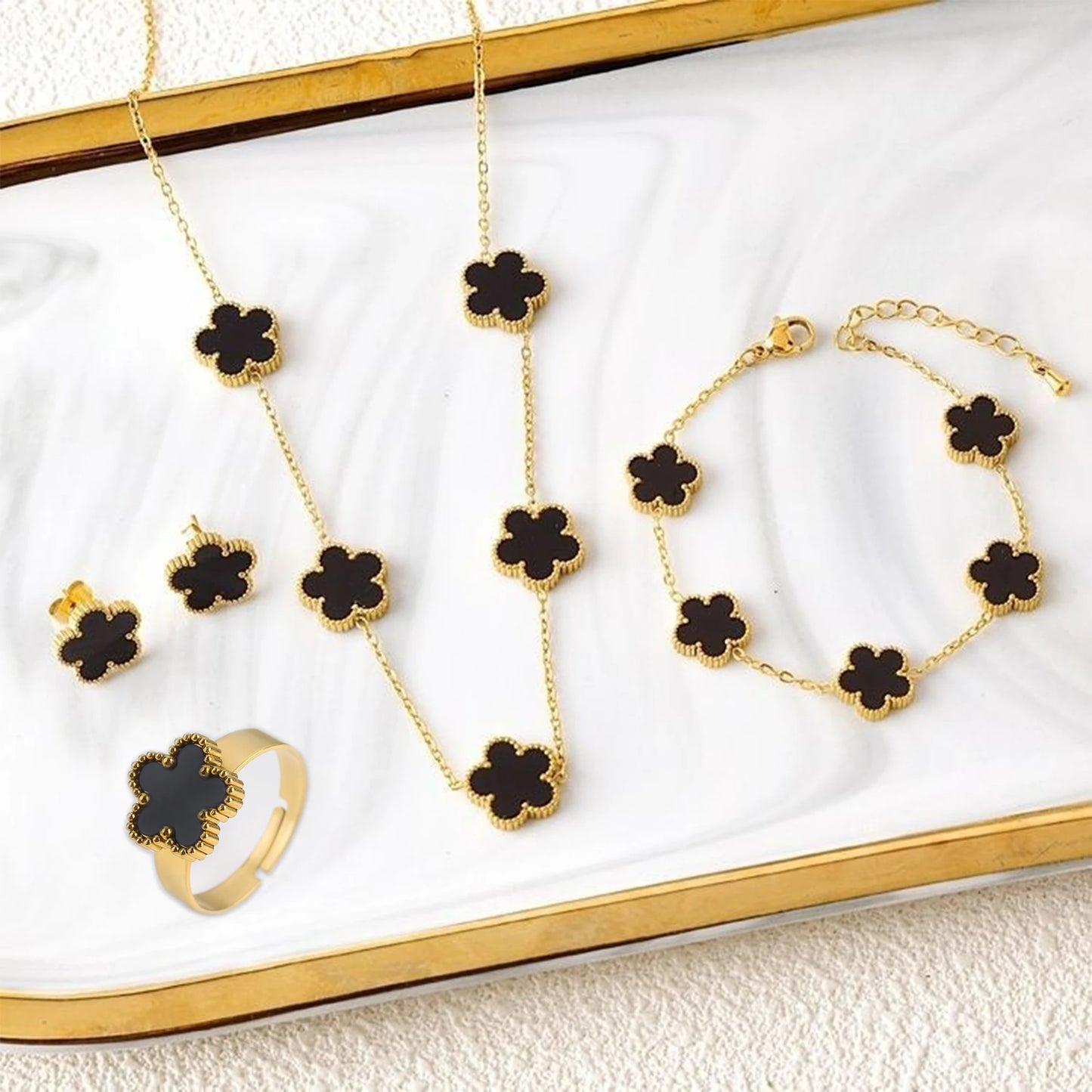 New Creative 4Pcs Stainless Steel Five Leaf Flower Bracelet Necklace Earrings Rings Set for Women Fashion Party Jewelry Clover