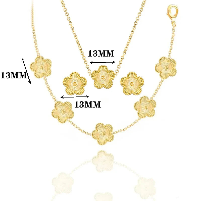 Hot Sale Stainless Steel Luxury Five Leaf Flower Necklace Earrings Bracelet Jewelry Set for Woman Party Flower Jewelry Clover