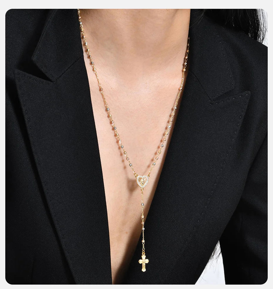 Vnox Virgin Mary Heart Rosary Necklaces for Women Men, Gold Plated Cross Prayer Collar, Long Sweater Chain Necklace