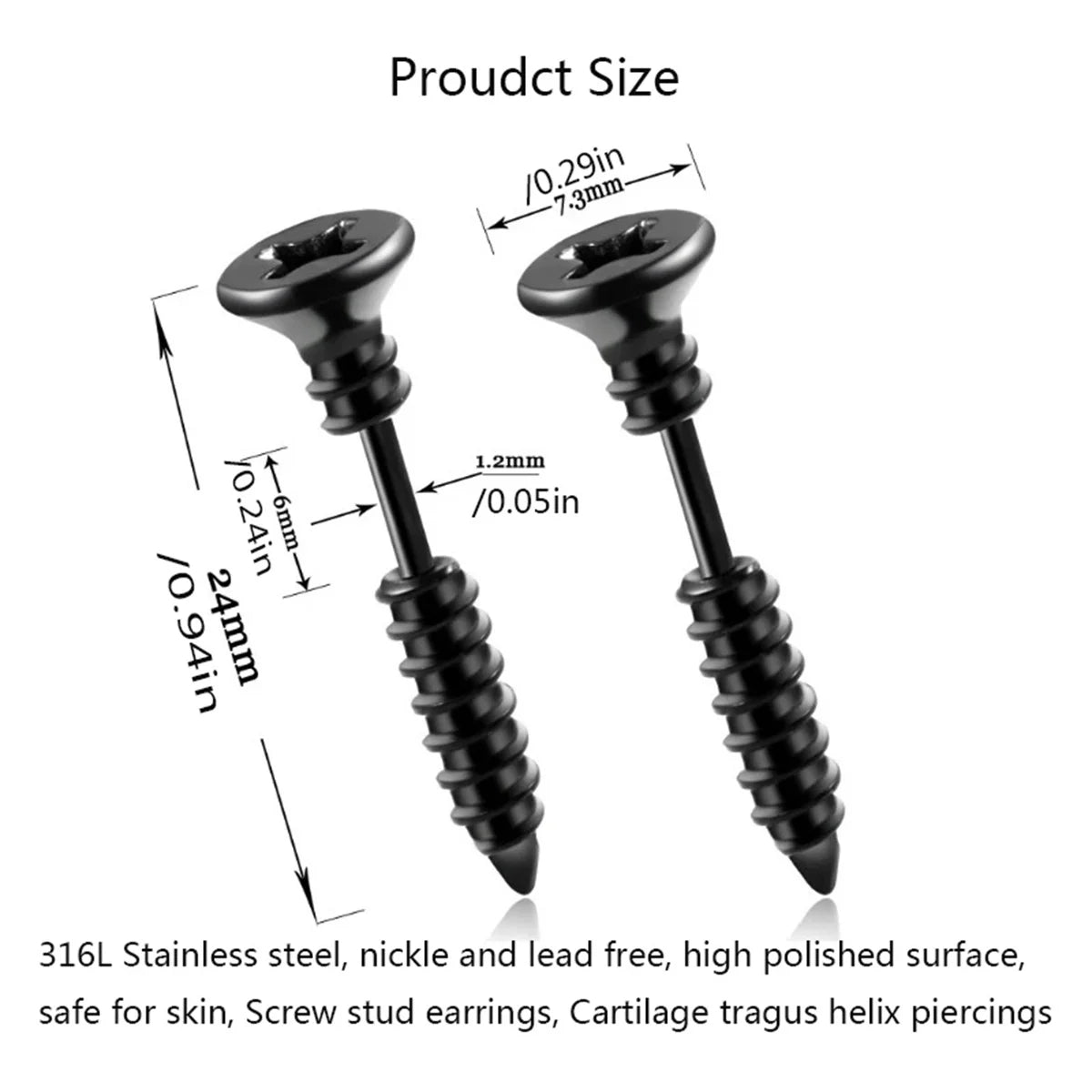 2pcs Fashion Punk 316L Stainless Steel Nail Screw Stud Earring for Women Men,Cartilage Tragus Helix Ear Piercings Jewelry