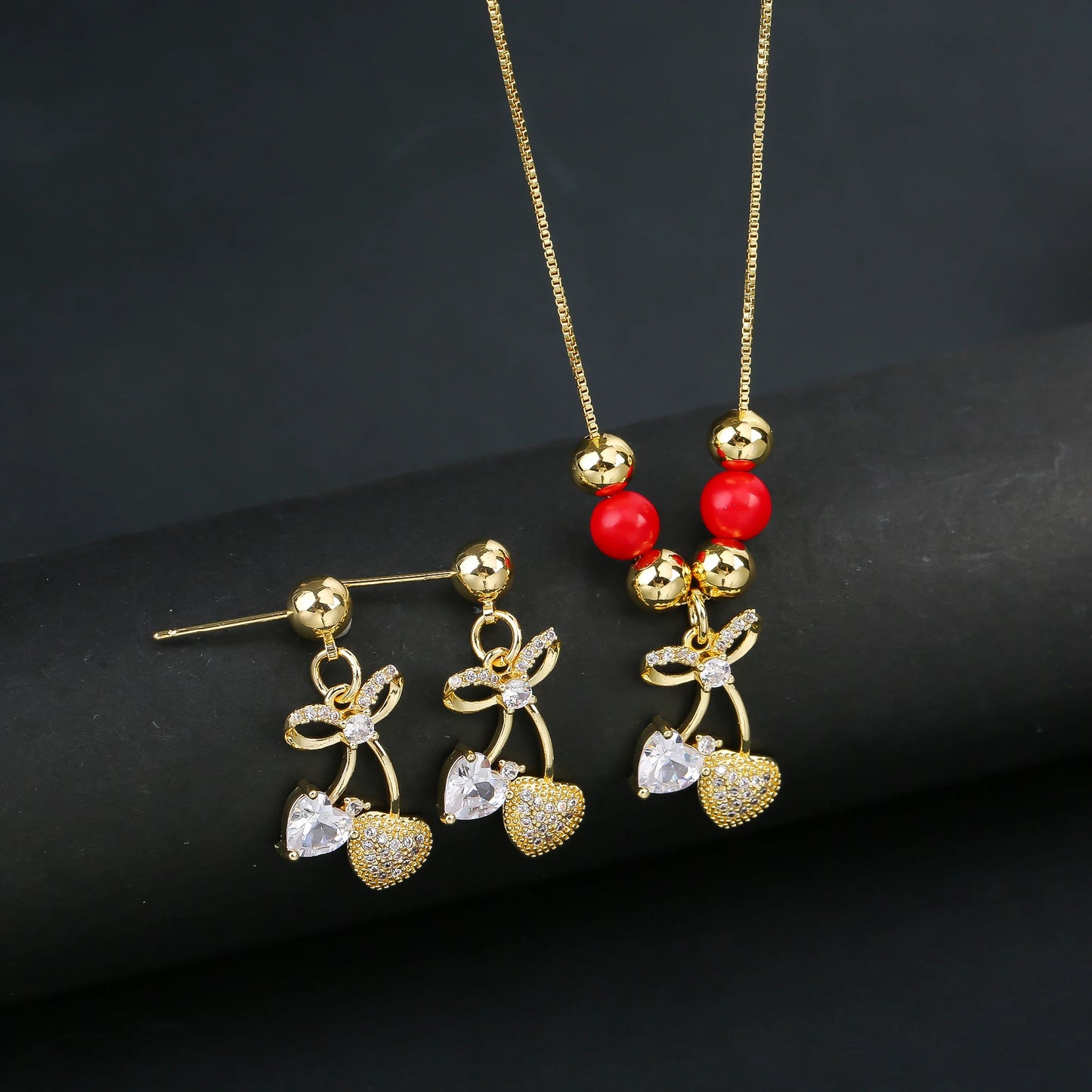 2pcs 22 Style Fashion Fruit Cherry Zircon Crystal Jewelry Set Earrings Necklace For Women Female New Trend Party Jewelry Gift