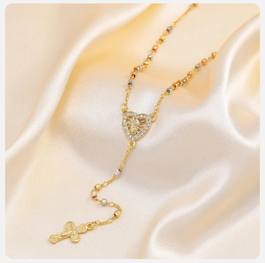 Vnox Virgin Mary Heart Rosary Necklaces for Women Men, Gold Plated Cross Prayer Collar, Long Sweater Chain Necklace