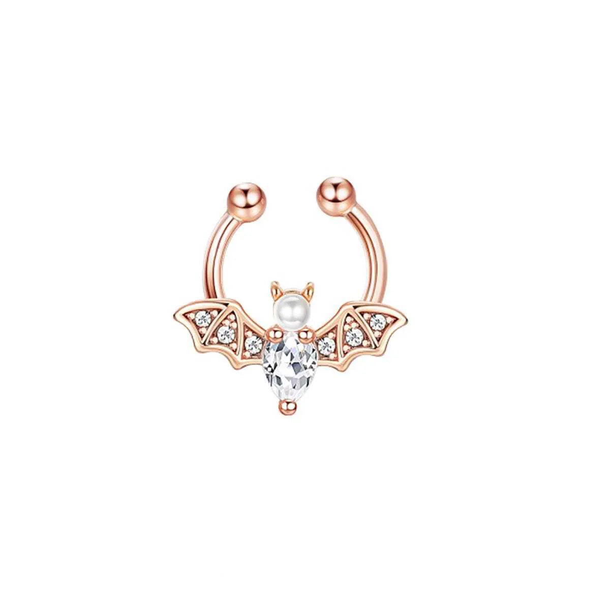 1Pc Fashion Cute Halloween Bat Fake Septum Nose Rings, Clip On Pearl Bat Septum Rings Cubic Zirconia Non Piercing Septum Jewelry