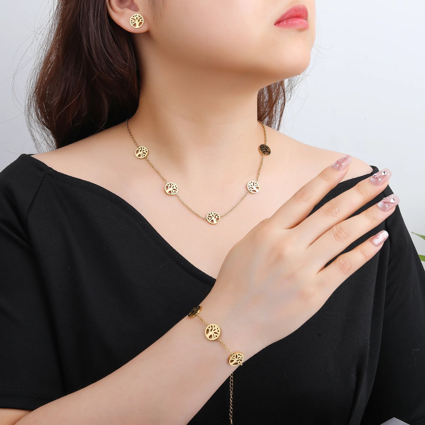 Top Quality Gold Plated Stainless Steel Tree Of Life Necklace Earrings Bracelet 3 Pcs Jewelry Set For Woman Girl Party Jewelry