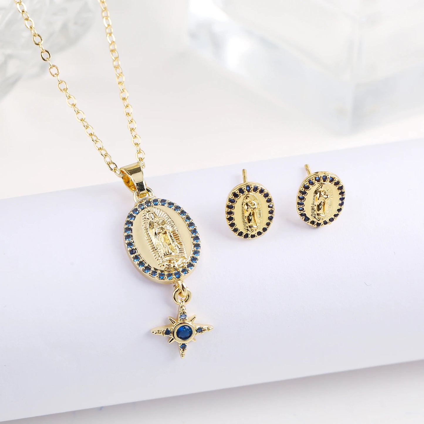 New Trendy Creative Oval St. Jude Zirconia Jewelry Set Necklace Earrings Classic for Religious Jewelry Accessories For Men Women