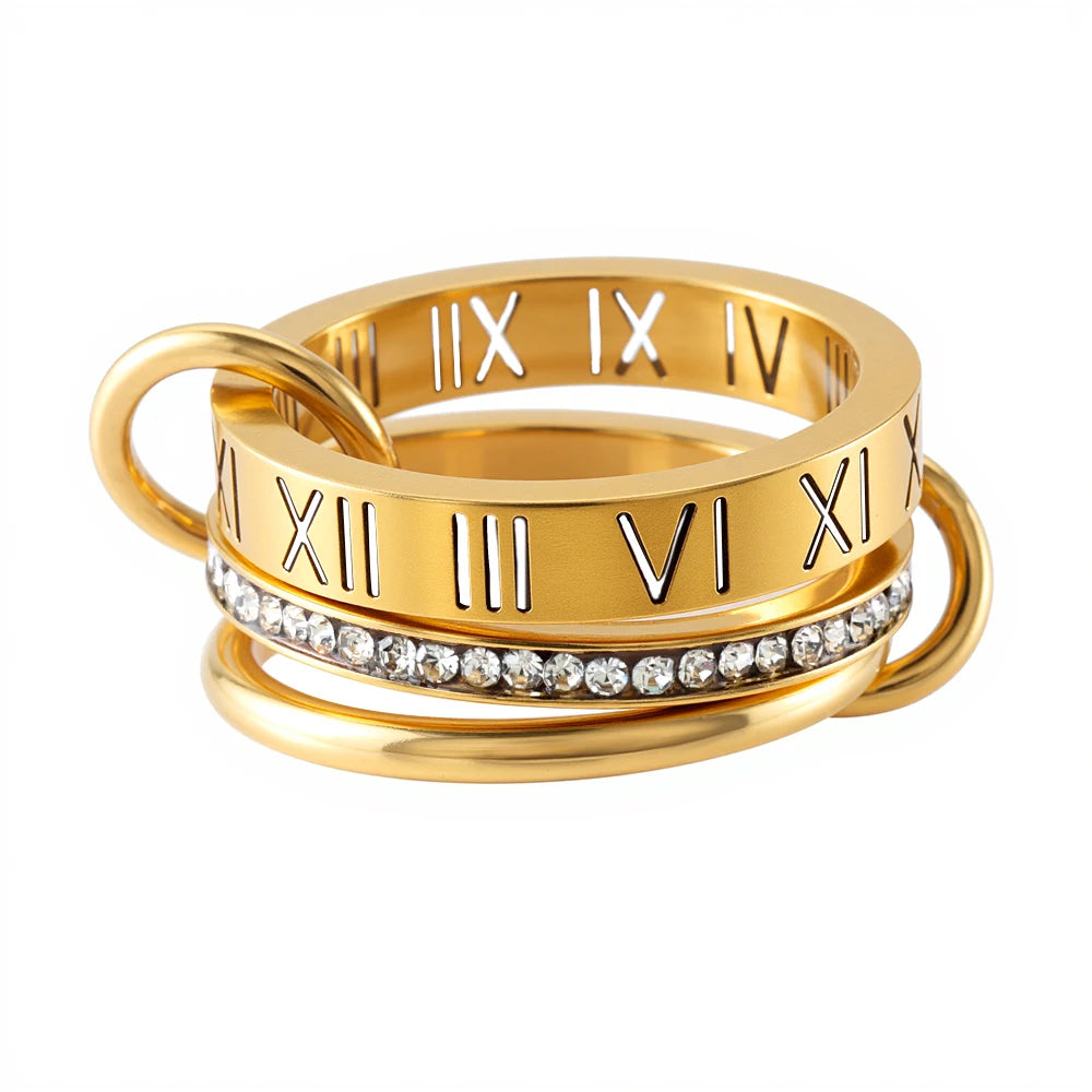 JOVO LOVE Three Layers Roman Numerals Stacking Ring for Women Stainless Steel Our Fingers Chain Shape Variable Crystal Rings