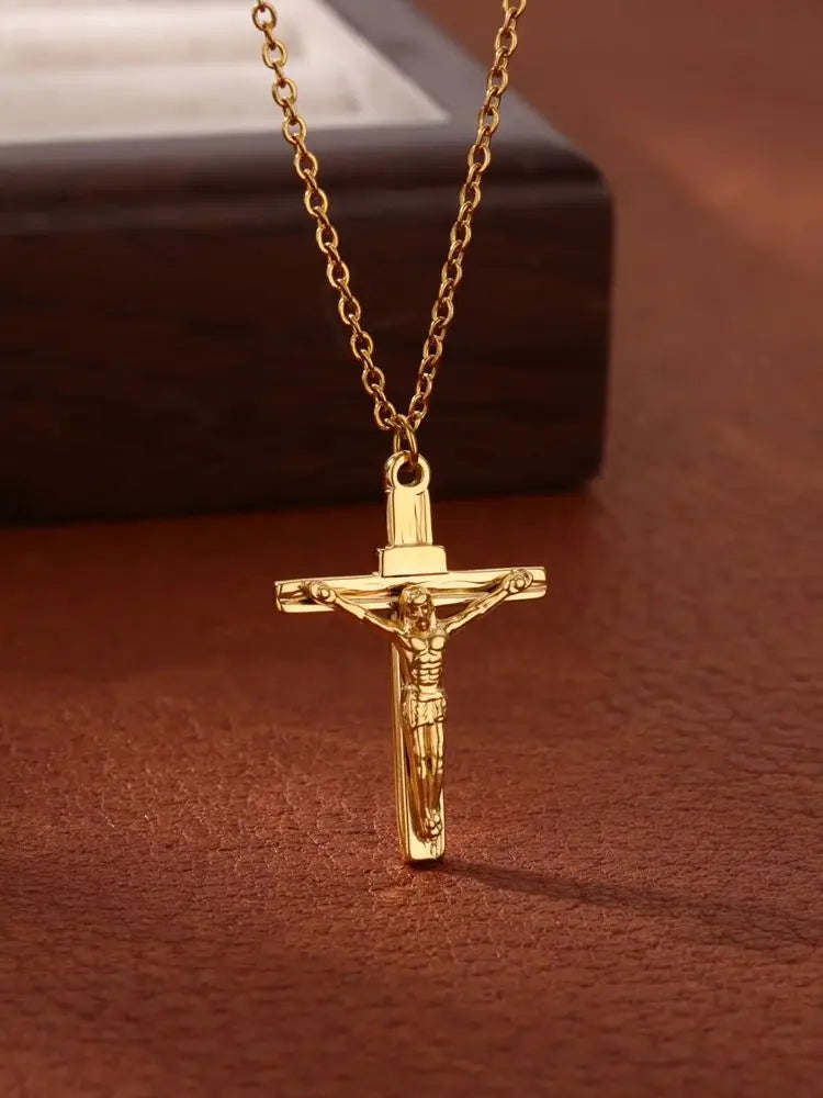 Stainless Steel Jesus Cross Necklace For Women Men Gold Color Caravaca Angels Crucifix Charm Choker Rapper Jewelry Hip Hop Gift