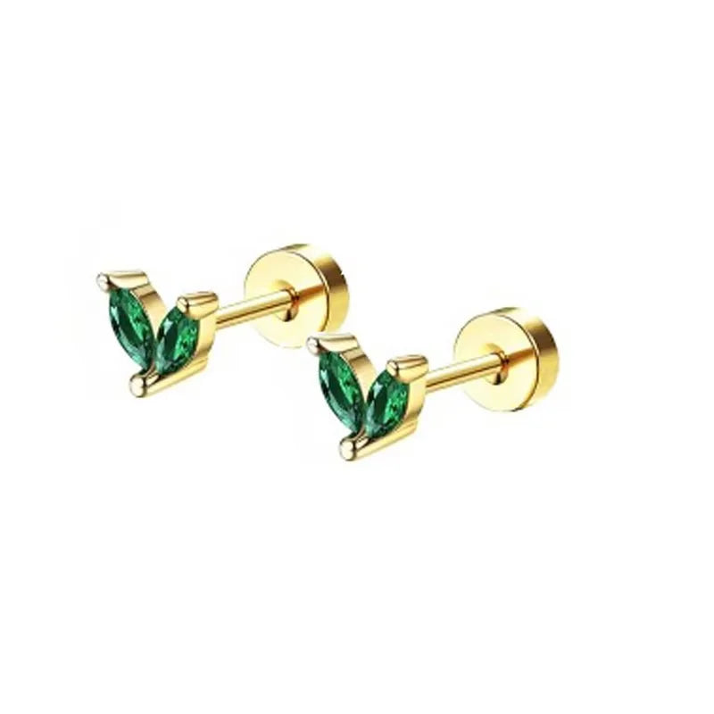 2Pcs Delicate Hypoallergenicity 18K Gold Green Gemstone Flat Back Earrings for Women Girls,Fashion Small Hoop Earrings Jewelry