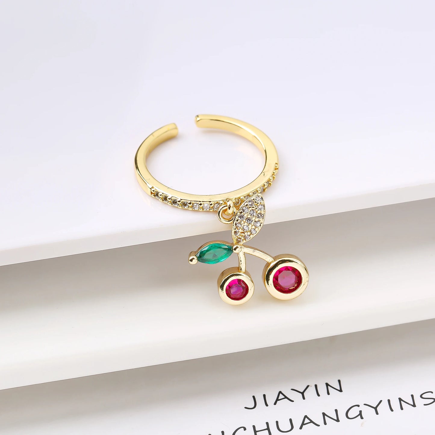 Sweet And Lovely Fruit Cherry Crystal Zirconia Opening Adjustable Ring Simple For Woman Girl Daily Party New Fashion Jewelry