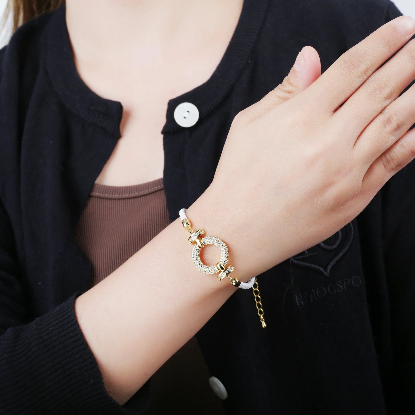 Trendy Colored Round Zirconia Accessory Leather Braided Adjustable Bracelet High Quality Party Holiday Jewelry Gift For Women