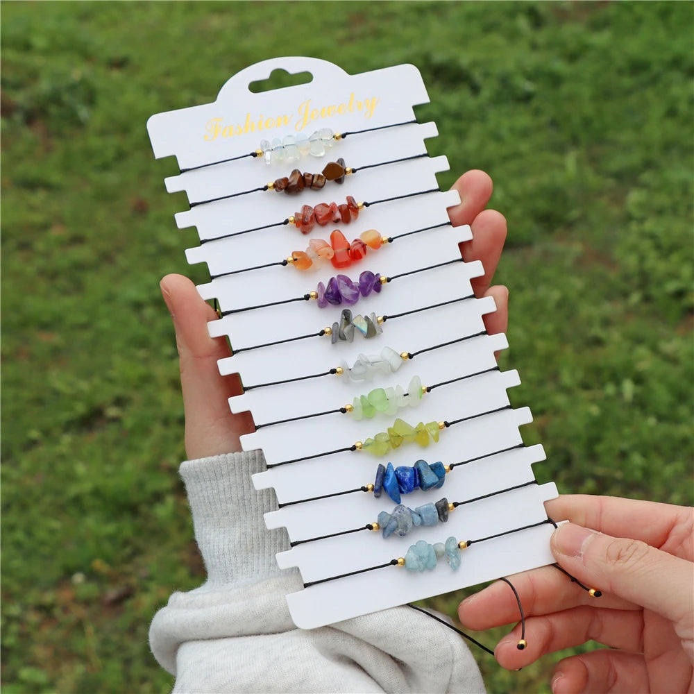 Wholesale 12Pcs/Set Colorful Natural Stone Bracelets Adjustable Rope Braided Bracelet Handmade Bohemia Bracelets with Cards