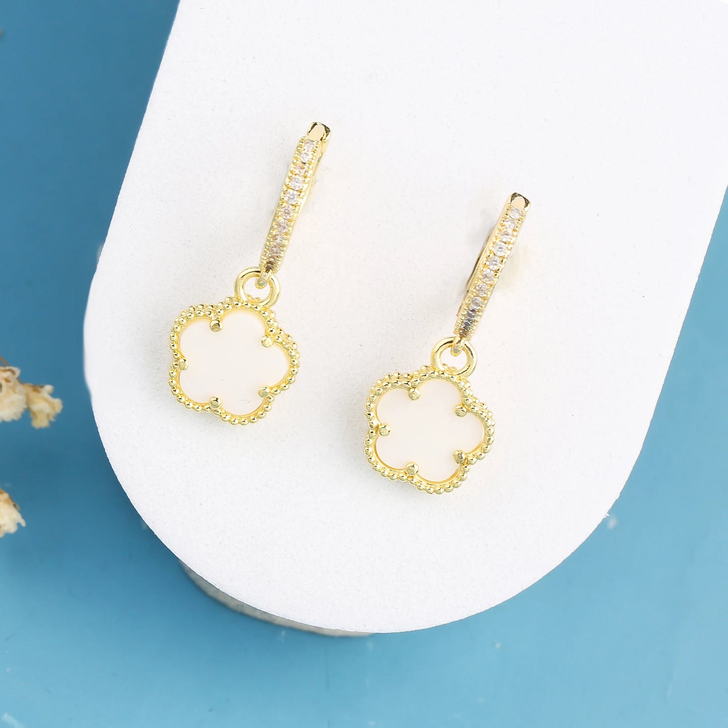 High Quality Natural Stone Five Leaf Flower Drop Earrings Simple for Woman Fashion Party Trend Zircon Jewelry Clover Gift